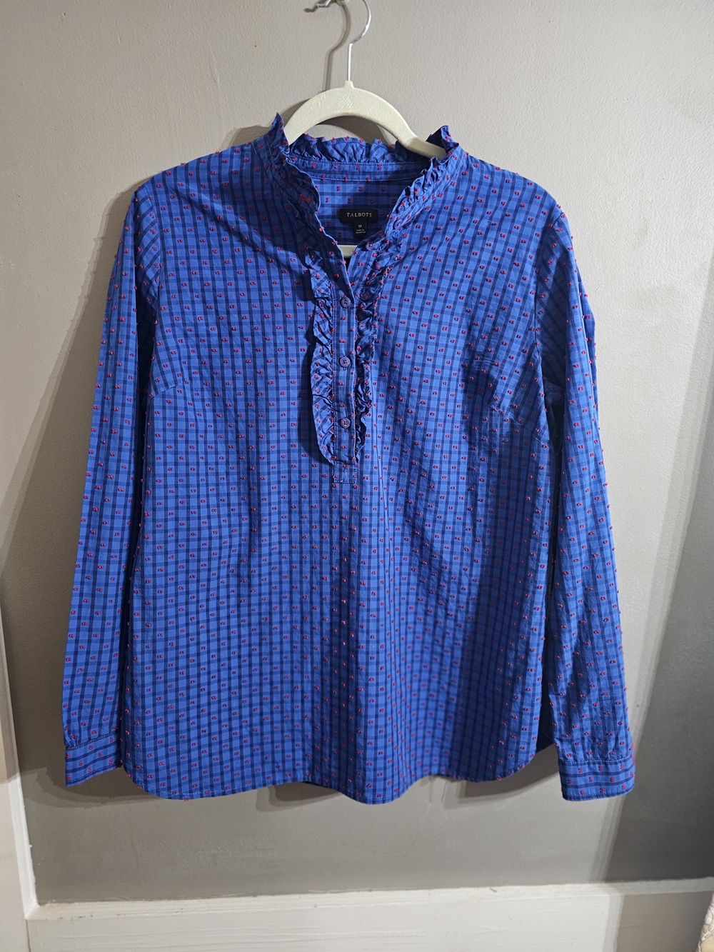 Talbots Blue Patterned Ruffle Front Button-Down Shirt - Picture 1 of 4